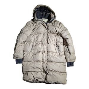 Michael Kors Taupe Beige Quilted Knee Length Hooded Thumb Hole Puffer Coat Sz L